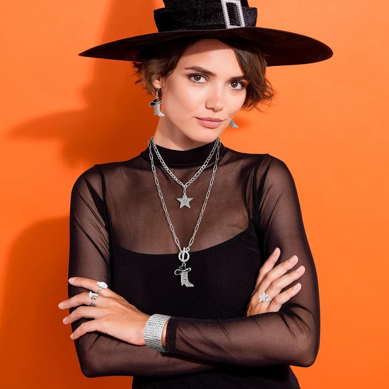 Ecally Store Bohemian Western Jewelry Turquoise Set Women Country Pendant Long Choker Layered Bracelets Earrings Ring for Women - Image 5